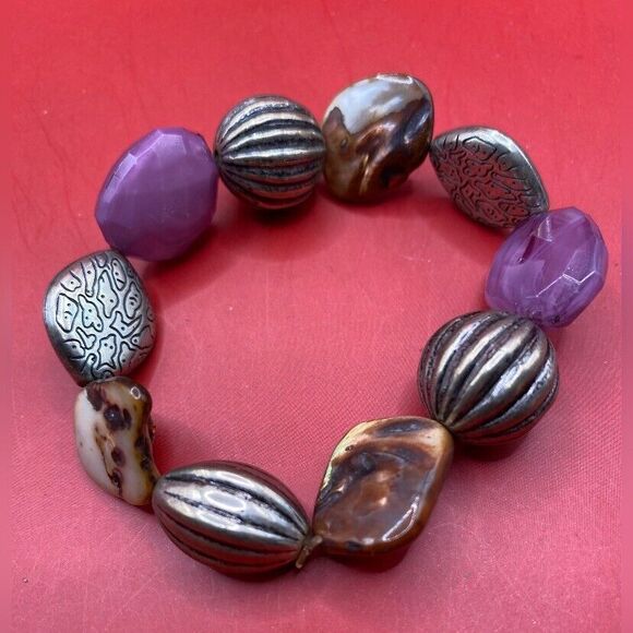 Women’s Bracelet Gold Tone Purple Stones Abalone 7” Stretch - Picture 1 of 1